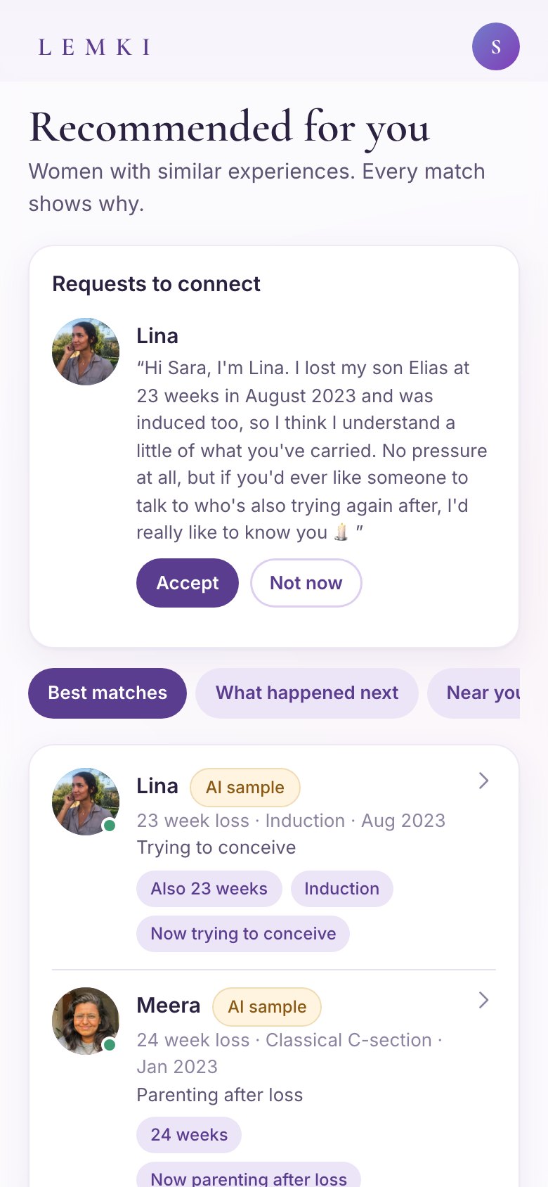 LEMKI's recommended matches, each showing the reasons for the match