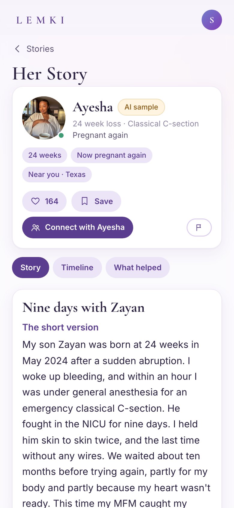 A woman's story on LEMKI with her journey and a Connect button